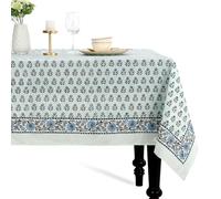 CPC Tablecloth 100% Cotton 80x120 Inch Indian Block Print Rectangle Table Cover, Washable Table Cloth for Weddings, Spring/Summer, Barbeque - Poppy Blue