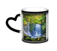 CPEOWZL Green Tropical Plants and Waterfall Printed Colour Heat Changing Mug - Black - Unique Heart Design - Color Changing Magic Mug