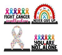 CPicdn 4Pcs Cancer Awareness Wood Tiered Tray Centerpieces, Colorful Ribbon Wood Sign Table Topper Decoration, Fight Cancer Awareness Desk Shelf Decor Charity Party Supplies Inspirational Centerpieces