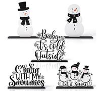 CPicdn 5Pcs Winter Wooden Tiered Tray Centerpieces, Snowman Snowflakes Removable Wood Sign Table Topper Decoration, Christmas Black White Winter Decor for Home Office Desk Shelf Mantel Party Supplies