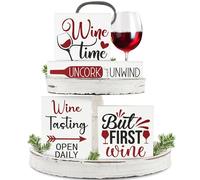 CPicdn Wine Tiered Tray Decorations - 4Pcs Wine Theme Wooden Table Centerpieces Block Plaque Sign Tabletop Decorations for Home Kitchen Wine Bar Desk Shelf Supplies Gifts