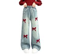 CPIDAH Jeans for Girls Baggy Wide Leg Cute Bows Love Heart High Elastic Waisted Denim Pants Kids Straight Leg Jeans Trousers Y2K Streetwear UK Red 11-12 Years