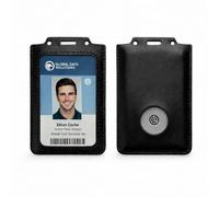 CPLIKE Vertical ID Badge Holder Compatible with Centegix CrisisAlert V2, Slim PU Leather Case with Emergency Button Cutout, Holds Alarm Badge and ID Card for Teachers, Nurses & School Staff (Black)