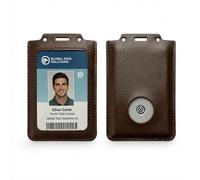 CPLIKE Vertical Leather ID Badge Holder with Emergency Button Cutout, Slim Single-Slot Alarm & ID Card Case, Silent Non-Swing Design for Teachers, Nurses & School Staff, Brown