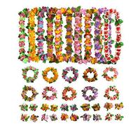 Cpolebev 10 Sets Hawaiian Flower Leis Tropical Luau Supplies of Hula Garland Necklaces Bracelets Hawaiian Luau Leis Decorations Supplies for Hawaii Decorations