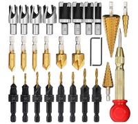 Cpolebev 28 Pcs Woodworking Chamfer Drilling Tools Including Countersink Bit Wood Plug Cutter Drill Bit Set Steel