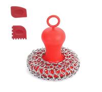 Cpolebev Cast Iron Chainmail Scrubber + Pan Stainless Steel Skillet Cleaner, Scraper Tool For Cast Iron Pans Easy To Use Washable Red