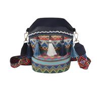 Cpolebev Fashion Bohemian Ethnic Style Women's Straw Woven Shoulder Messenger Bag Retro Casual Tassel Bucket Bag Navy Blue