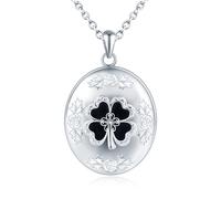 CPSLOVE Women's 925 silver photo necklaces lockets, Oval opened pendant with black clover, Four leaf clover medallion