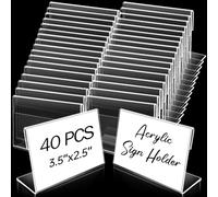 Cptoion 40 Pcs Mini Acrylic Sign Holder,3.5 x 2.5 Inch Slant Back Sign Holders,Clear Sign Display Holder,L Shaped Display Stand,Small Acrylic Stands for Office Desktop,Restaurant,Retail,Horizontal