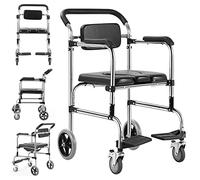 CPYGMXI 4-in-1 Commode Wheelchair, Transport Shower Chair, Mobility Assist Toilet Chair with Wheels, PU Leather Seat, Stainless Steel Frame, Detachable Bucket and Flip-up Footrest