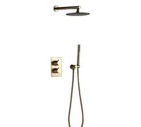 CPYGMXI Brass Thermostatic Shower Set with Handheld Shower System Wall Mounted Concealed, Burnished Gold High Pressure Rainfall Top Spray 304 Stainless Steel,10Inches