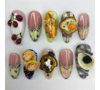 CPYGMXI Breakfast Brunch Inspired Press On Nails, 3D Food Nail Art with Eggs, Toast & Berries, Food Theme Press On Nails, Summer Nails