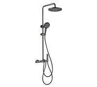 CPYGMXI Exposed Pipe Rainfall Shower System with Tub Spout 4-Function, Thermostatic Bathroom Shower Faucet Set with Slide Bar, Gray Finish, gray