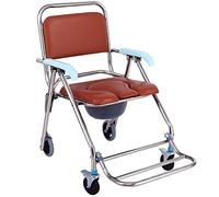 CPYGMXI Folding Shower Wheelchair - 150kg Beside Commode Chair with PU Leather Padded Seat, Rolling Mobile Toilets Chair with Armrests and Backrest, Stainless Steel Frame