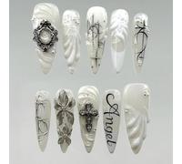 CPYGMXI Handmade Gothic Angel Press On Nails with 3D Cross, Metallic Flowers, Script Lettering and Elegant White Designs