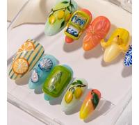 CPYGMXI Lemon Citrus Press On Nails, Retro Summer Vacation Nail Art, Colorful Handmade Press Ons, Mediterranean Style Nail