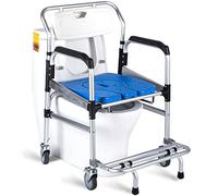 CPYGMXI Mobile Shower Chair with Wheels, Handicap Toilet Chair, Aluminum Alloy Frame, Flip-up Footrest, Rolling Transport Bedside Commode Chair for Elderly and Disabled