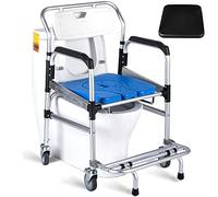 CPYGMXI Mobile Shower Chair with Wheels, Handicap Toilet Chair, Aluminum Alloy Frame, Flip-up Footrest, Rolling Transport Bedside Commode Chair for Elderly and Disabled