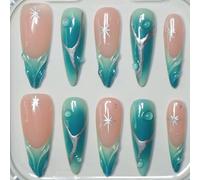 CPYGMXI Ocean Wave Ombre Press On Nails Silver Star Accents Blue Green Gradient