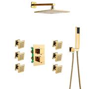 CPYGMXI Shower Jets System, Thermostatic 3-Way Shower Valve Bathroom Shower Combo Set with 6 Massage Body Sprays, Rain Shower Head and Handheld Showerhead,Wall 16 inch