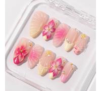 CPYGMXI Tropical Floral Press On Nails with 3D Pink Flowers, Seashell, Pearl and Gold Accents, Handmade Summer Vacation Nail Set