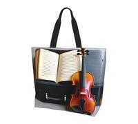 CPyuqw Violin and Book Print Shoulder Bag â€“ Large Reusable Tote Bag, Storage Tote for Shopping, Travel, & Daily Life Accessories