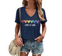 CQF Pride Shirts for Women LGBTQ Subtle Pride V Neck T-Shirts Rainbow Lesbian Tee Tops, Blue, XL