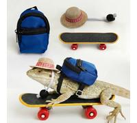 CQJ 3 Pack bearded dragon toy set includes a bearded dragon backpack, an adjustable hat, and a mini skateboard toy, for small reptile pets such as lizards, hamsters, parrots, and turtles.（Blue）