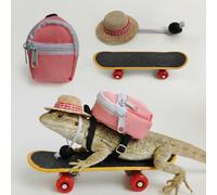 CQJ 3 Pack bearded dragon toy set includes a bearded dragon backpack, an adjustable hat, and a mini skateboard toy, for small reptile pets such as lizards, hamsters, parrots, and turtles.（Pink）