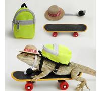 CQJ 3 Pack bearded dragon toy set includes a bearded dragon backpack, an adjustable hat, and a mini skateboard toy, for small reptile pets such as lizards, hamsters, parrots, and turtles. (Yellow)