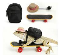 CQJ 3 Pack bearded dragon toy set includes a bearded dragon backpack, an adjustable hat, and a mini skateboard toy, for small reptile pets such as lizards, hamsters, parrots, and turtles.（Black）