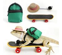 CQJ 3 Pack bearded dragon toy set includes a bearded dragon backpack, an adjustable hat, and a mini skateboard toy, for small reptile pets such as lizards, hamsters, parrots, and turtles.（Green）