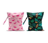 CQM 2Pcs Pink Flamingo Wet Bags 12x10 Inch, Green Leaves Waterproof Travel Laundry Bags, Reusable Wet Dry Bag for Swimsuit Pool Beach Diapers Dirty Yoga Gym Clothes, Flamingo Gifts for Women