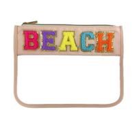 cqoogrlx Clear Makeup Letter Bag Chenille Glitter Varsity Letter Patch Zipper Toiletry Pouch Travel Beach Summer Pool Bag Gifts for Women Girls(Beach-blue), Beach-sandy