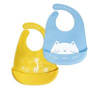 CQQNIU 2pcs Waterproof Machine Washable Baby Weaner Food Grade Silicone Bibs With Pockets For Debris Collection, Unisex (Sky Blue Kitten Plus Orange Lamb)