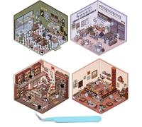 CQSVUJ 4 Sets DIY 3D House Stickers, Fun DIY Stickers Scene Make Your Own Supermarket|Coffee Shop|Restaurant|Bookstore, Cute Korean Cartoon Cat Stickers for Adult Kids Relief Stress Pass The Time (A)