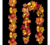 CQURE 2 Pack Fall Leaf Garland with Lights,Fall Decor Halloween String Lights Artificial Maple Leaves Autumn Garland Hanging Vines Thanksgiving Decor for Home Holiday Autumn