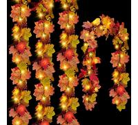 CQURE 4 Pack Fall Leaf Garland with Lights,Fall Decor Halloween String Lights Artificial Maple Leaves Autumn Garland Hanging Vines Thanksgiving Decor for Home Holiday Autumn
