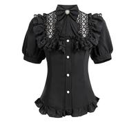 CR ROLECOS Black Victorian Blouse for Women Summer Short Puffy Sleeve Blouse with Bow L