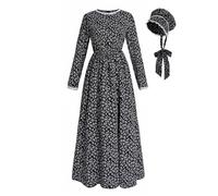 CR ROLECOS Pioneer Dress Women Black Floral Prairie Dresses Old Fashioned Amish Colonial Pilgrim Costume Bonnet Set M