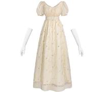 CR ROLECOS Regency Women's Empire Waist 1800s Jane Austen Vintage Victorian Dress Tea Party Prom Dress with Gloves, gold, M
