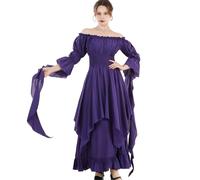 CR ROLECOS Renaissance Dress Women Medieval Costume Victorian Dresses Pirate Skirt Fairy Witch Dress Purple S/M