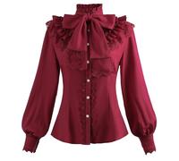 CR ROLECOS Victorian Blouse for Women, Gothic Steampunk Shirt with Puff Sleeves, Red Button Blouse with Lace Trim M