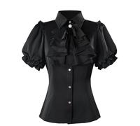 CR ROLECOS Victorian Blouse Gothic Shirt Button Puff Sleeve Top Vampire | Vintage-style blouses available long/short sleeve designs,tailored fitted cut,for Lolita style,goth gatherings,period-themed