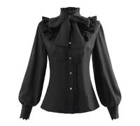CR ROLECOS Victorian Blouse Women Lolita Lace Stand-Up Collar Black Lotus Ruffle Shirt Retro XXL
