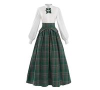 CR ROLECOS Victorian Dress Costume Womens Renaissance Medieval Dress White Edwardian Blouse with Plaid Skirt 2-Piece Set M
