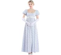 CR ROLECOS Victorian Dress Women's Regency Dress for Women Bridgerton Puffy Ball Gown with Gloves, Blue flower, M