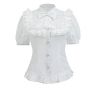 CR ROLECOS White Victorian Blouse for Women Short Sleeve Ladies Victorian Style Ruffle Blouses with Bow XL