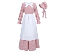 CR ROLECOS Womens Pioneer Dress Rose Pink Floral Prairie Dresses Pilgrim Colonial Costume Bonnet Apron 3 Pieces Set S